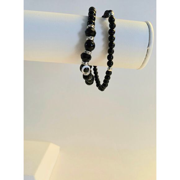 Two Stretchy Black Bracelets with Silver Toned Spacers - Picture 2 of 11